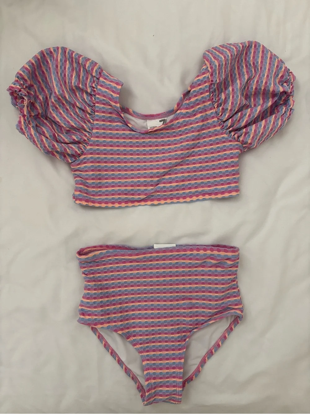 Cotton on Kids Striped Puff-Sleeve Two-Piece Swim Set in Pink, Purple & Blue